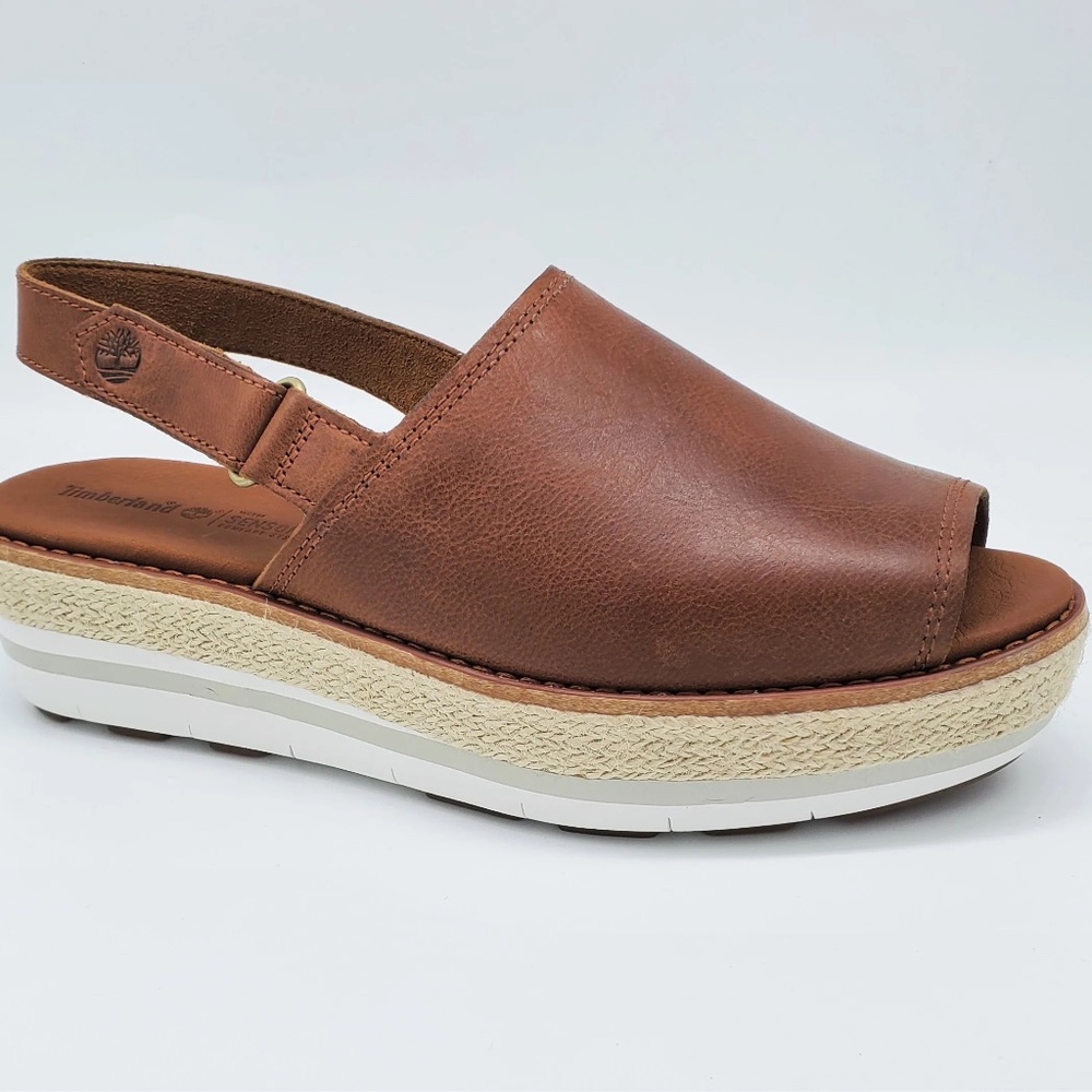 Timberland Peep-Toe Sandals in soft brown leather.